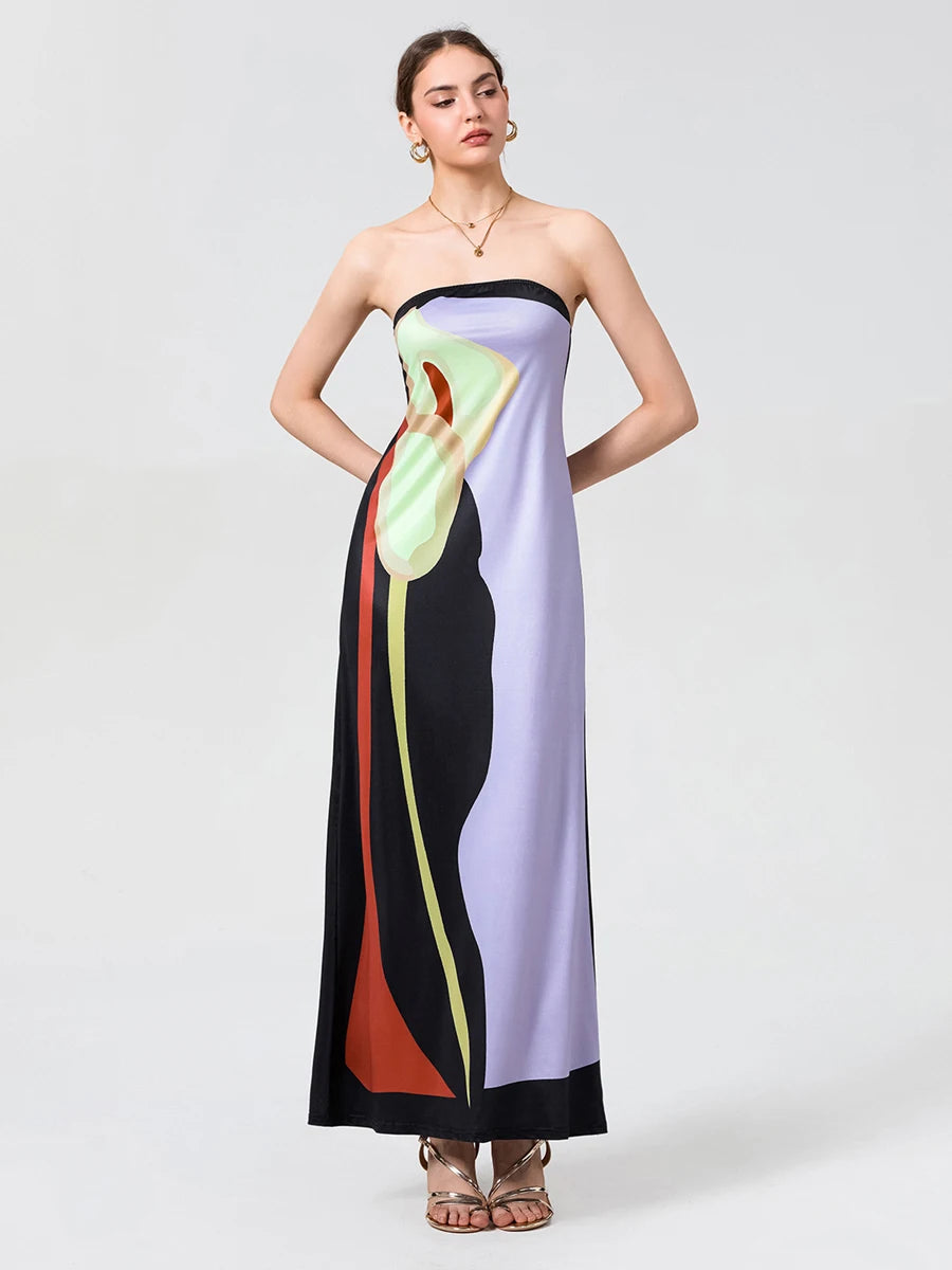 Antique Abstract Flower Strapless Open-Back Loose Tube Top Flower Dress