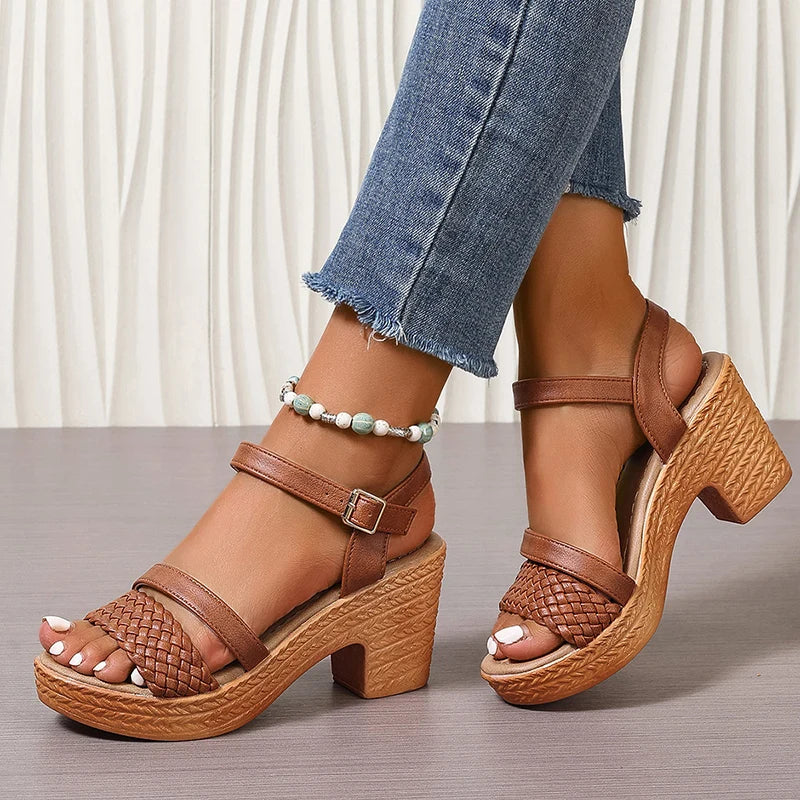 Woven Toe Strap Ankle Buckle Platform Block Heel Sandal