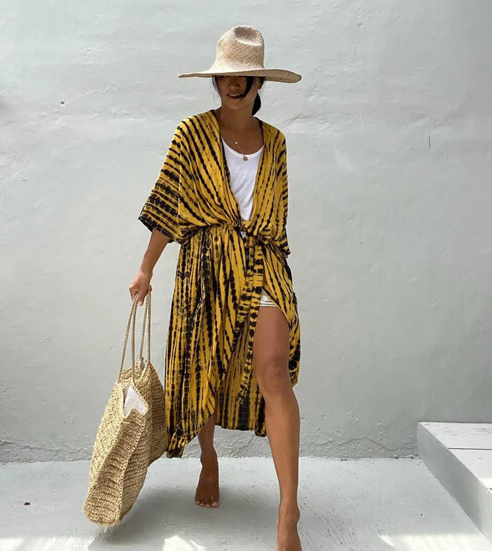 Soft Rayon Striped Pattern Cardigan Boho Beach Cover up