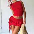 Retro Frilled Edge Tie Up Crop Top + Gathered Tiered Frills Mini Skirt Coquette 2 Piece Set Women Club Party Streetwear Outfits
