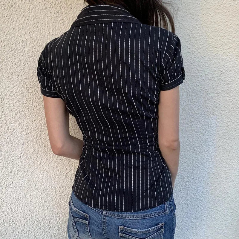 Patterned French Button-Up Fold-down Collar Blouse
