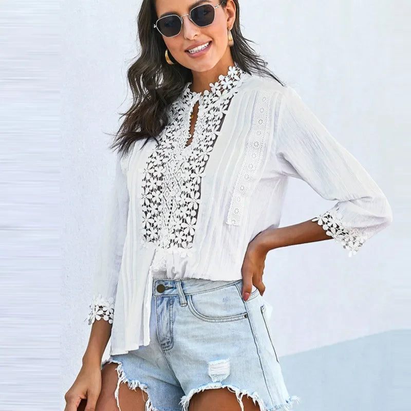 3/4 Sleeve Cotton Button V-Neck Retro Boho Top