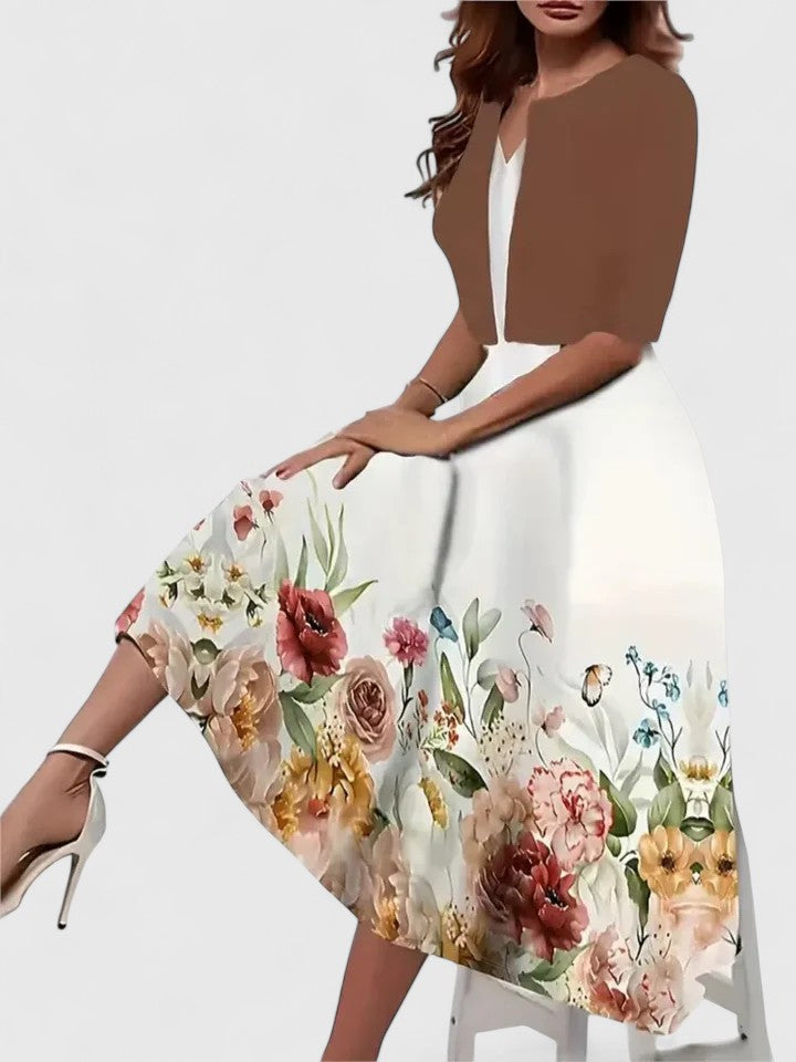 Floral Print Colorblock Notch Neck A Line Midi Dress