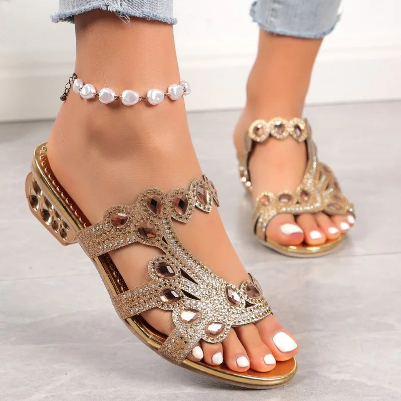 Heart Gem Rhinestone Cutout Glitter Flat Sandal