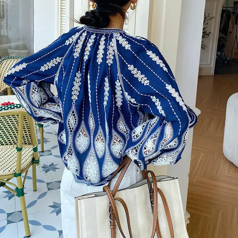 Navy Stitched Lantern Sleeve Ethnic Boho Top