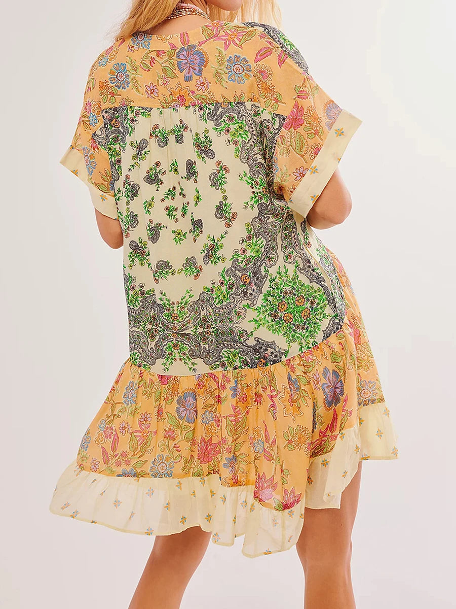 Warm Bohemian Babydoll Flower Pattern V-Neck Dress