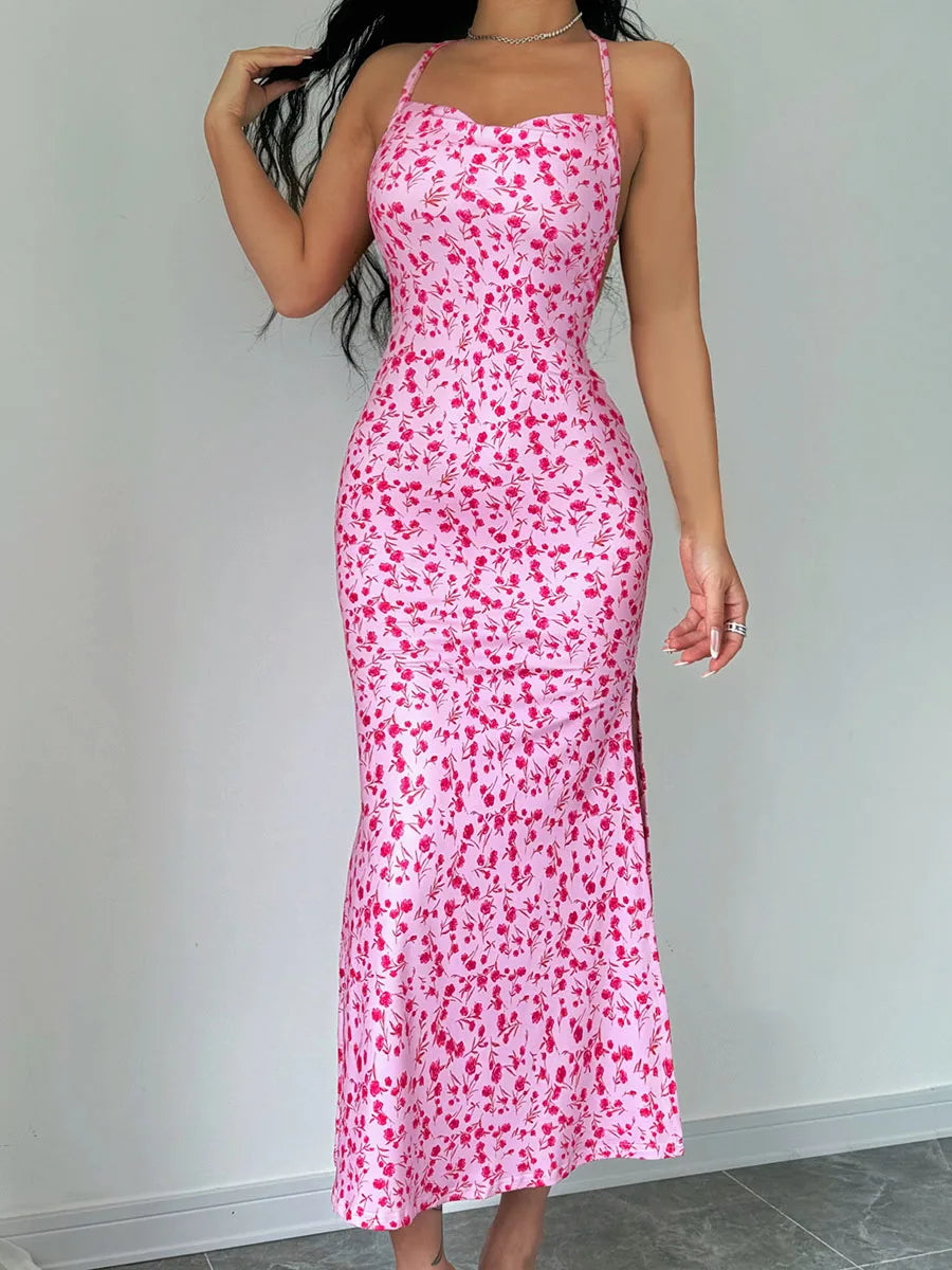 Flower Bound Open-Back Halter Divided Flower Dress