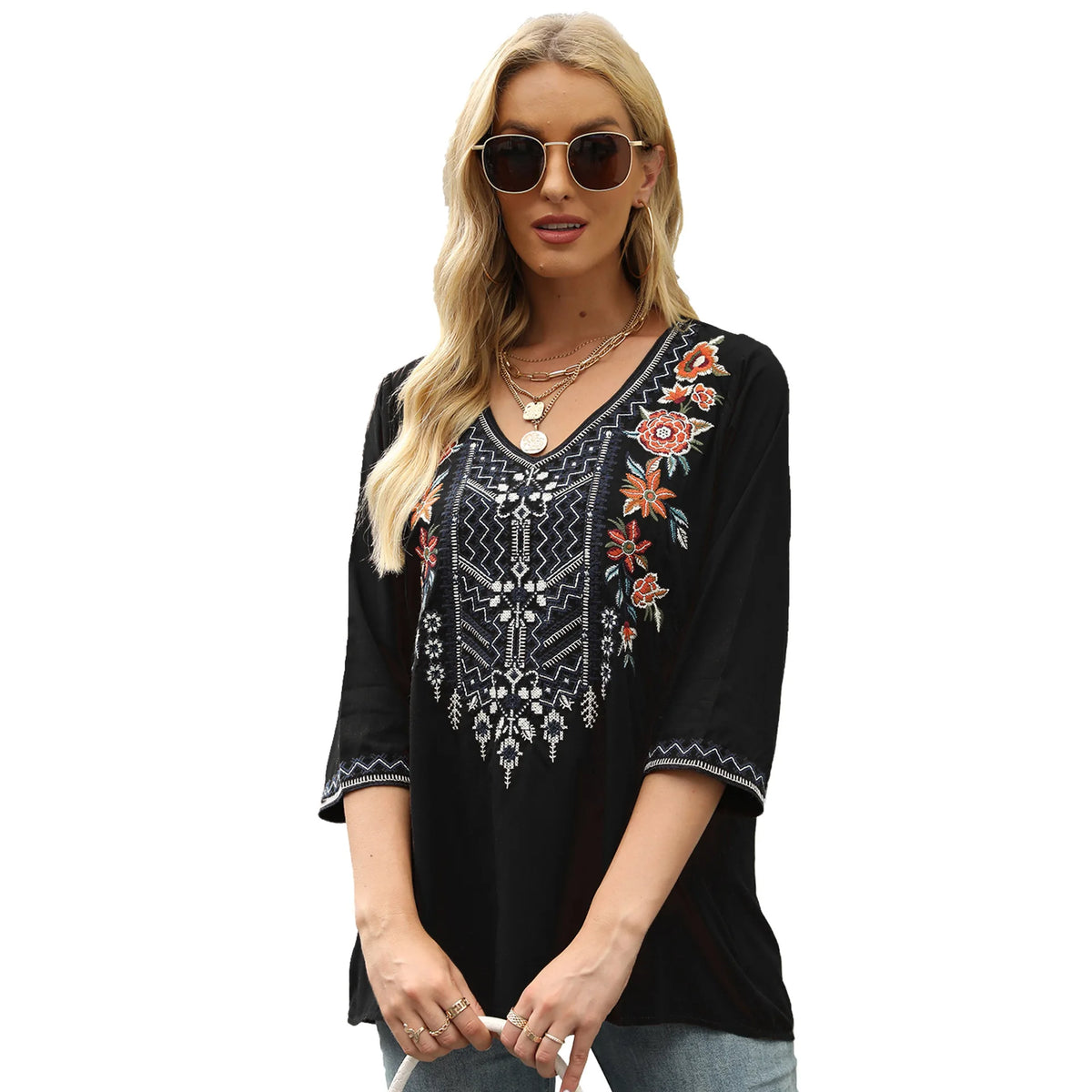 Antique Flowery Stitching Baggy Cotton Extended Sleeve Boho Blouse