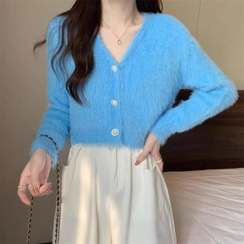 Luminous Sleeve V-Neck Monochrome Button-Up Knit Cardigan Coat – view 2