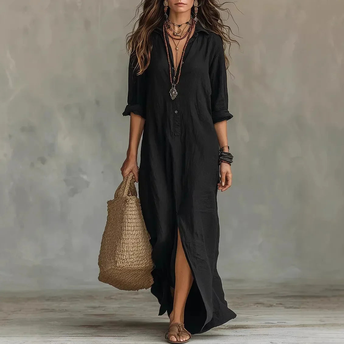 Collared Button Split Hem Casual Maxi Dress