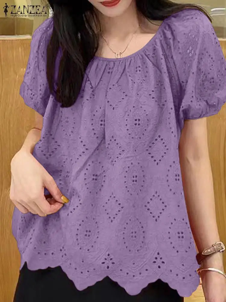 Decorated Puff Sleeve Informal Lace Patchwork Top