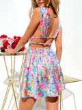 Sleeveless Floral Print Deep V Mini A-Line Flower Dress