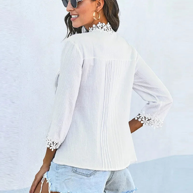3/4 Sleeve Cotton Button V-Neck Retro Boho Top