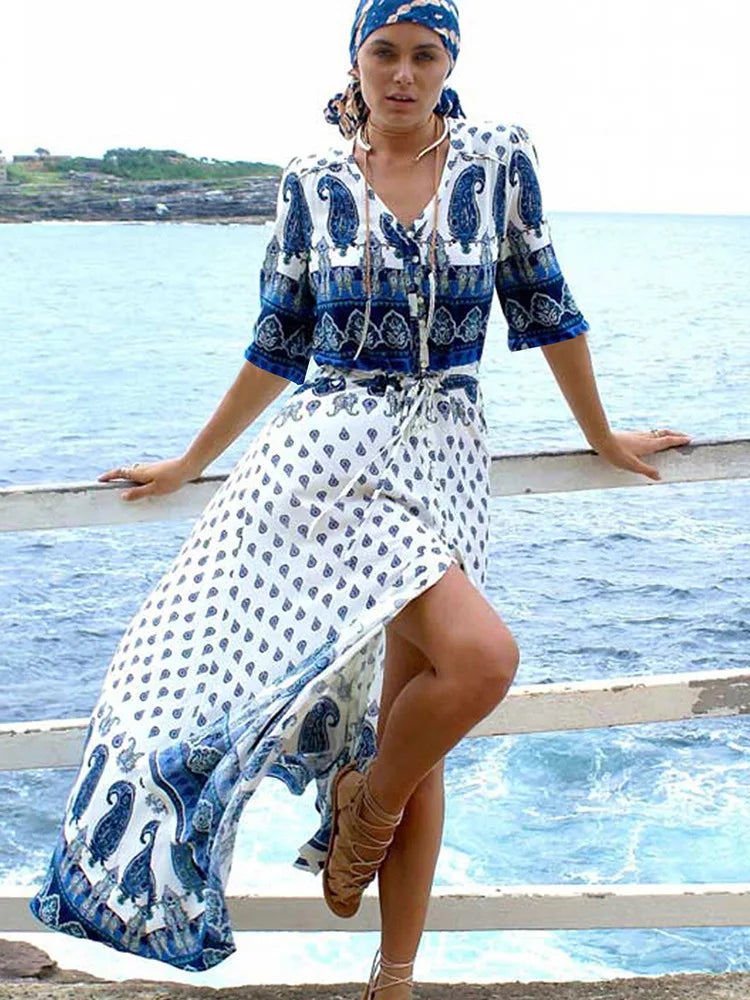 Cotton Kimono Flower Printed Bohemian Beach Cover Up