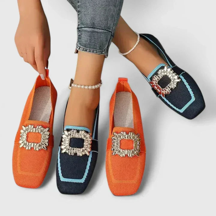Jewel Buckle Contrast Trim Knit Square Toe Loafer