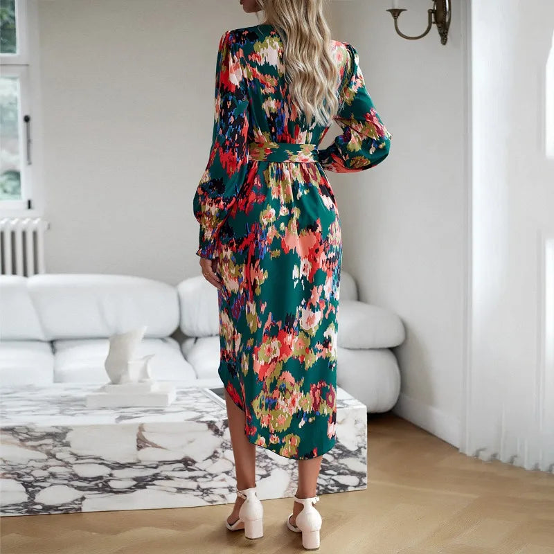 Stylish Plunging Neckline Long Bohemian Printed Dress – view 3
