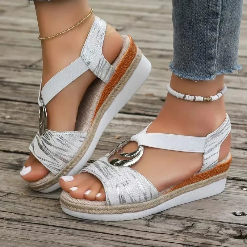 Striped Metallic Espadrille Wedge Sandal - Summer Resort