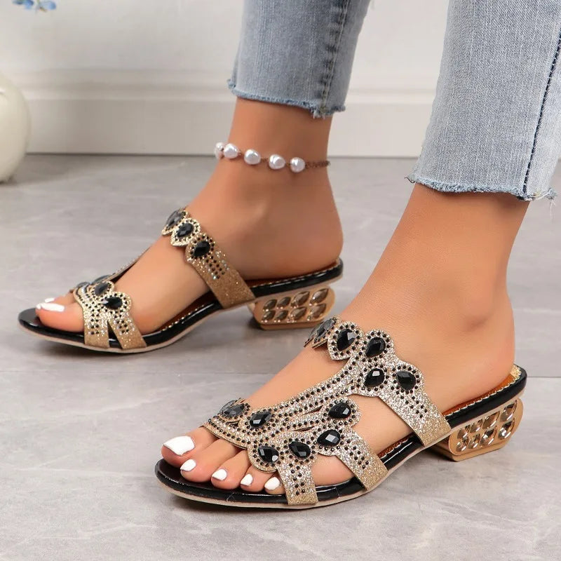 Heart Gem Rhinestone Cutout Glitter Flat Sandal