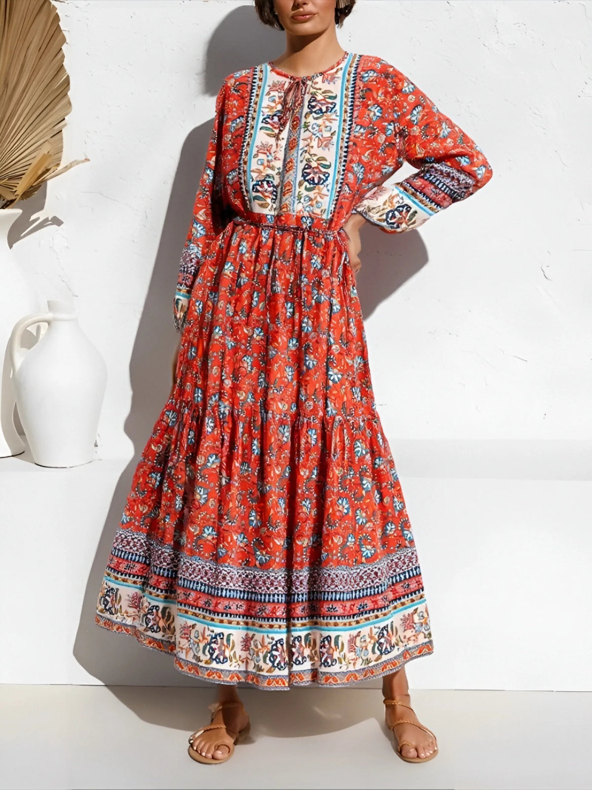 Stylish Tie-up Flower Pattern Bohemian Dress – view 2