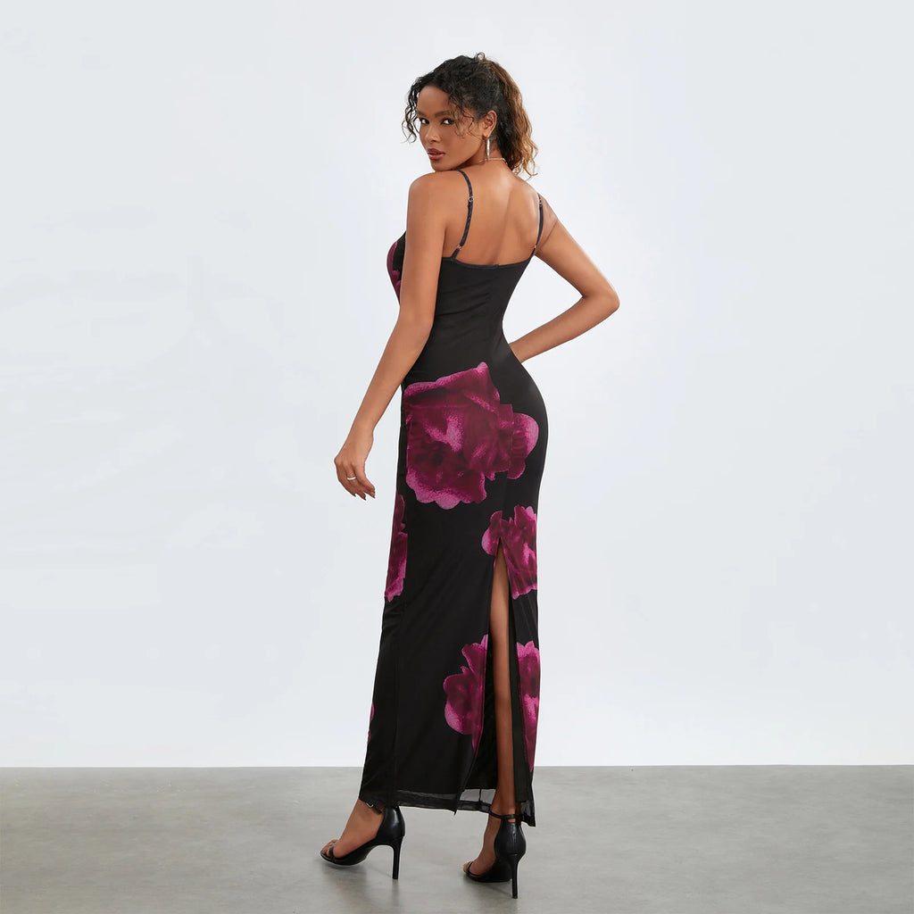 Strapless Spaghetti Strap Flower Split Back Hem Dress
