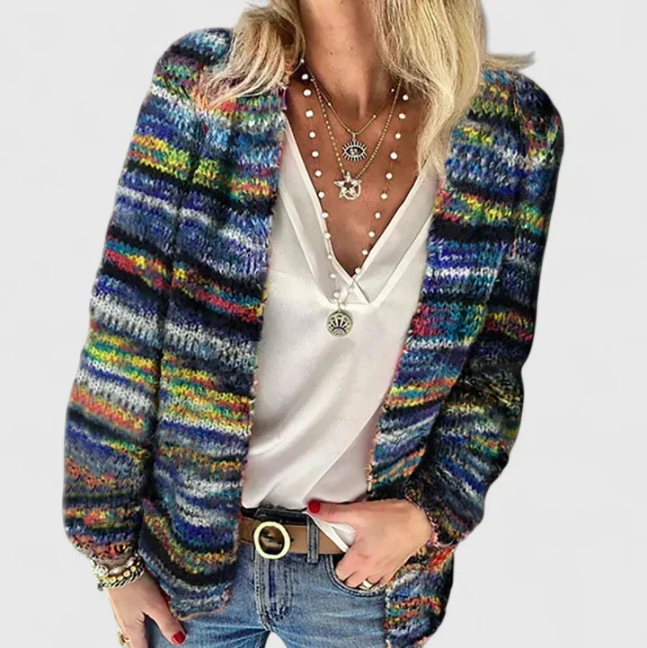 Mara | Women's Chunky Knit Boho Cardigan, Striped Open-Front Polyester Knit – Casual Fall Layering