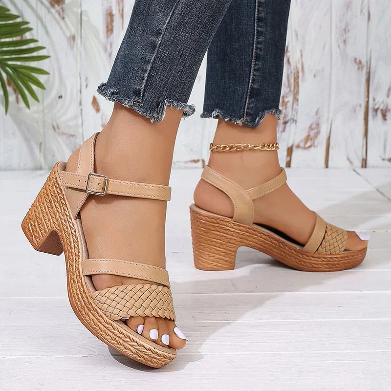 Woven Toe Strap Ankle Buckle Platform Block Heel Sandal