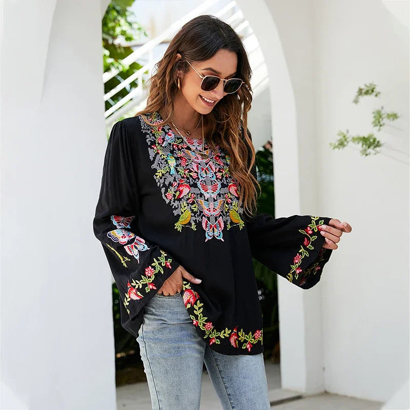 Large Flower Embroidery Baggy Cotton Boho Top