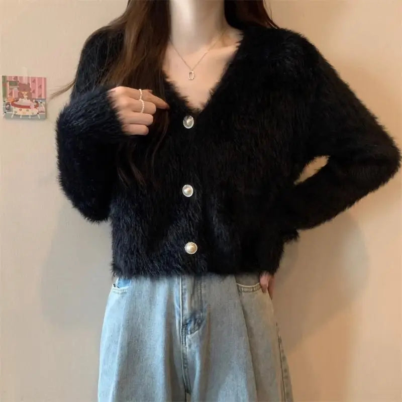 Luminous Sleeve V-Neck Monochrome Button-Up Knit Cardigan Coat – view 4
