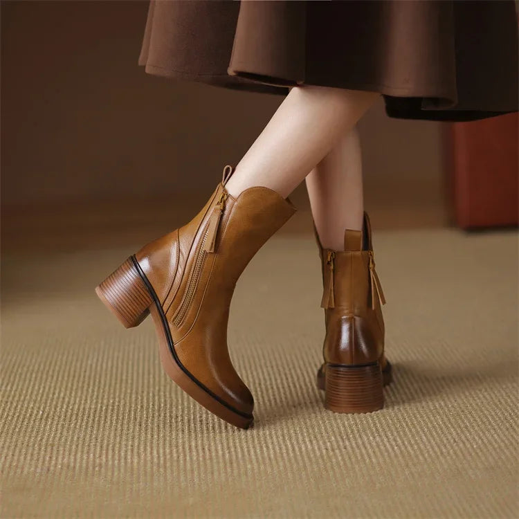 Leather Side Zip Block Heel Ankle Boot