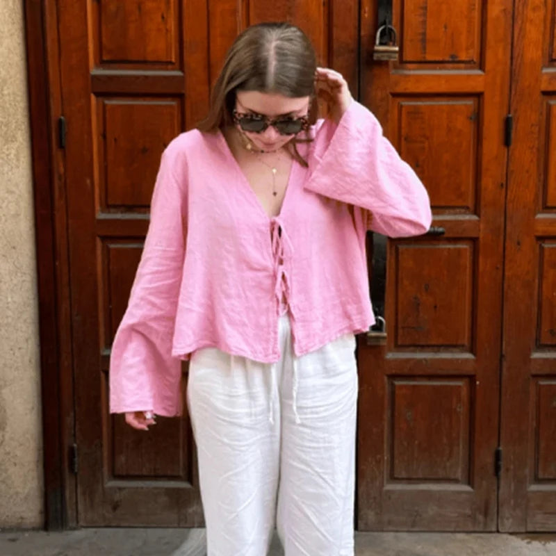 Verdant Linen Tie-Up Extended Sleeve V-neck Blouse