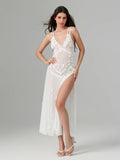 3D Blossom Ornament Backless Low-Cut Slit Sheer Beach Floral Dress