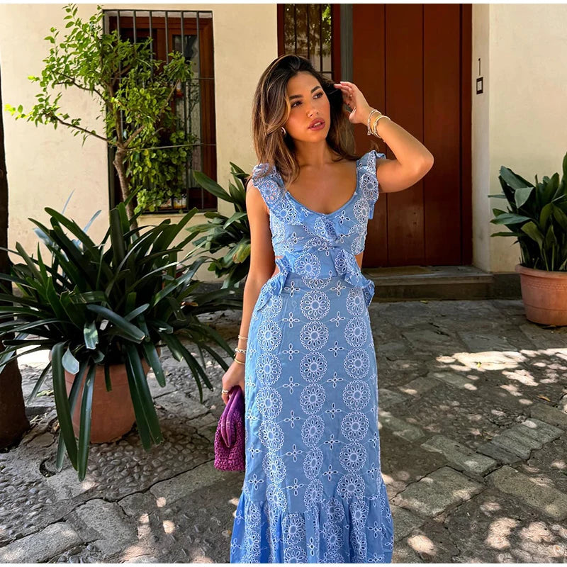 Empty Out Stitched Open-Back Frill Maxi Dress
