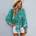 Flower Pattern Button-Up Extended Sleeve Bohemian Blouse