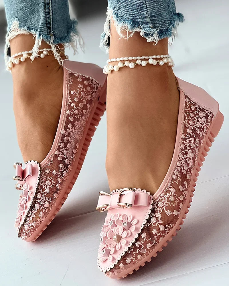 Floral Lace Embroidered Bow Buckle Round Toe Ballet Flat