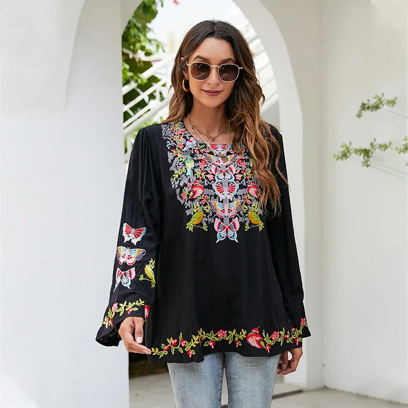 Large Flower Embroidery Baggy Cotton Boho Top