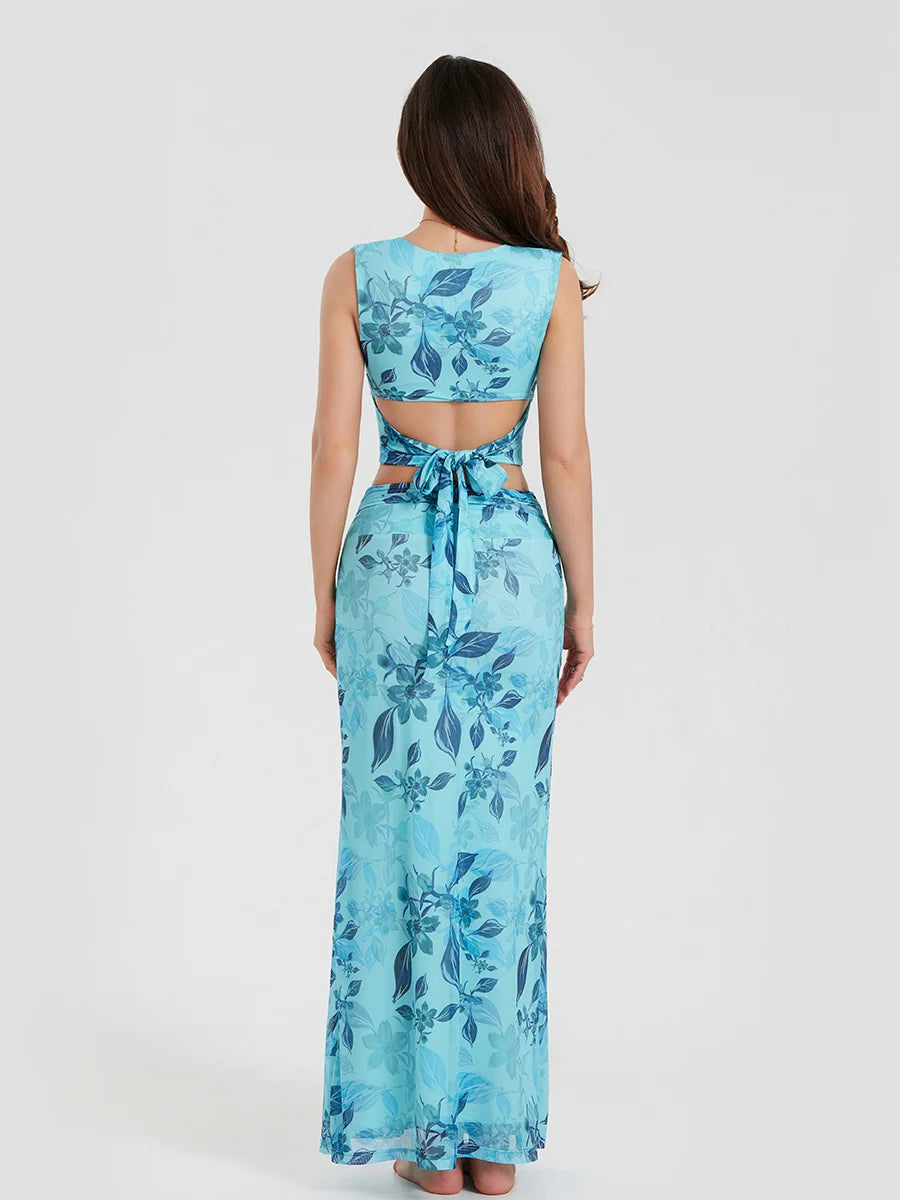 Bohemian Azure Floral Back Bandage Crop Tank Wrap Lengthy Floral Dress