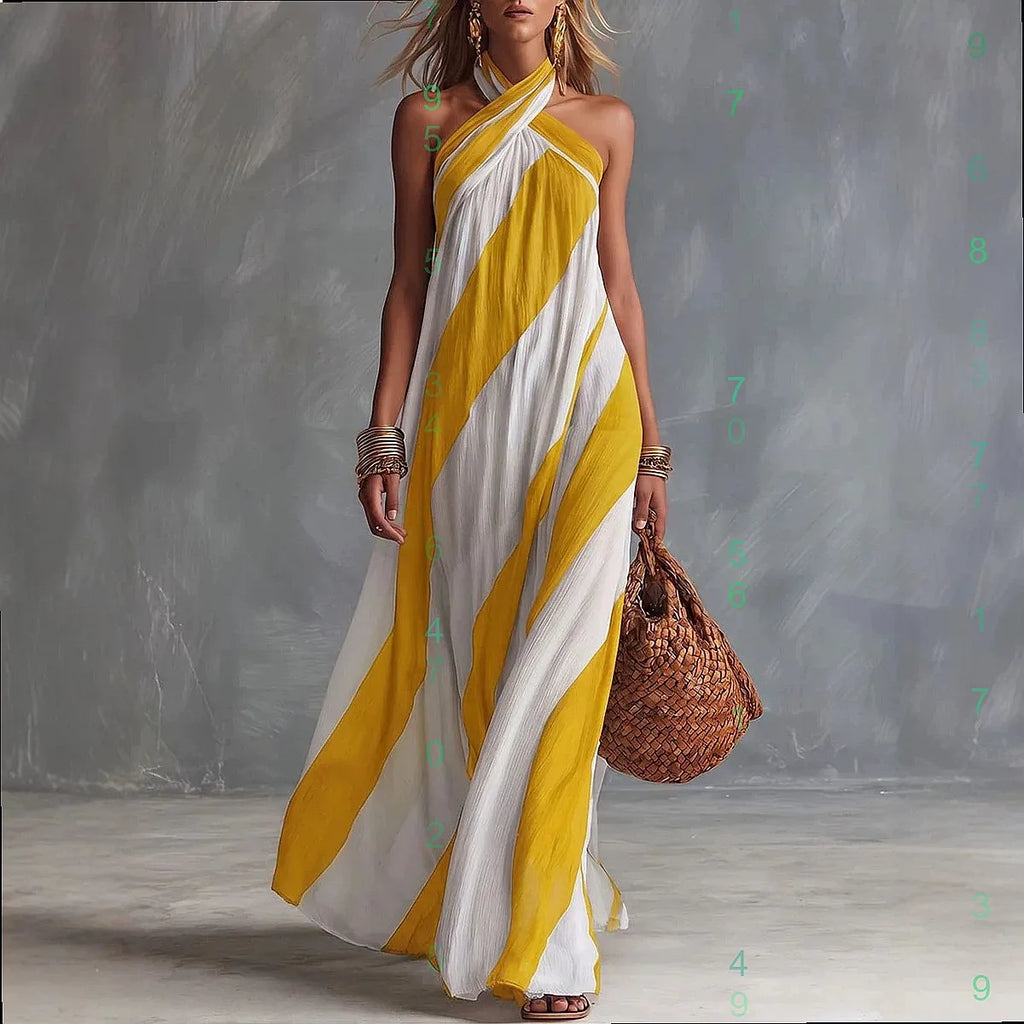 Striped Halter Neck Sleeveless Flowy Maxi Dress