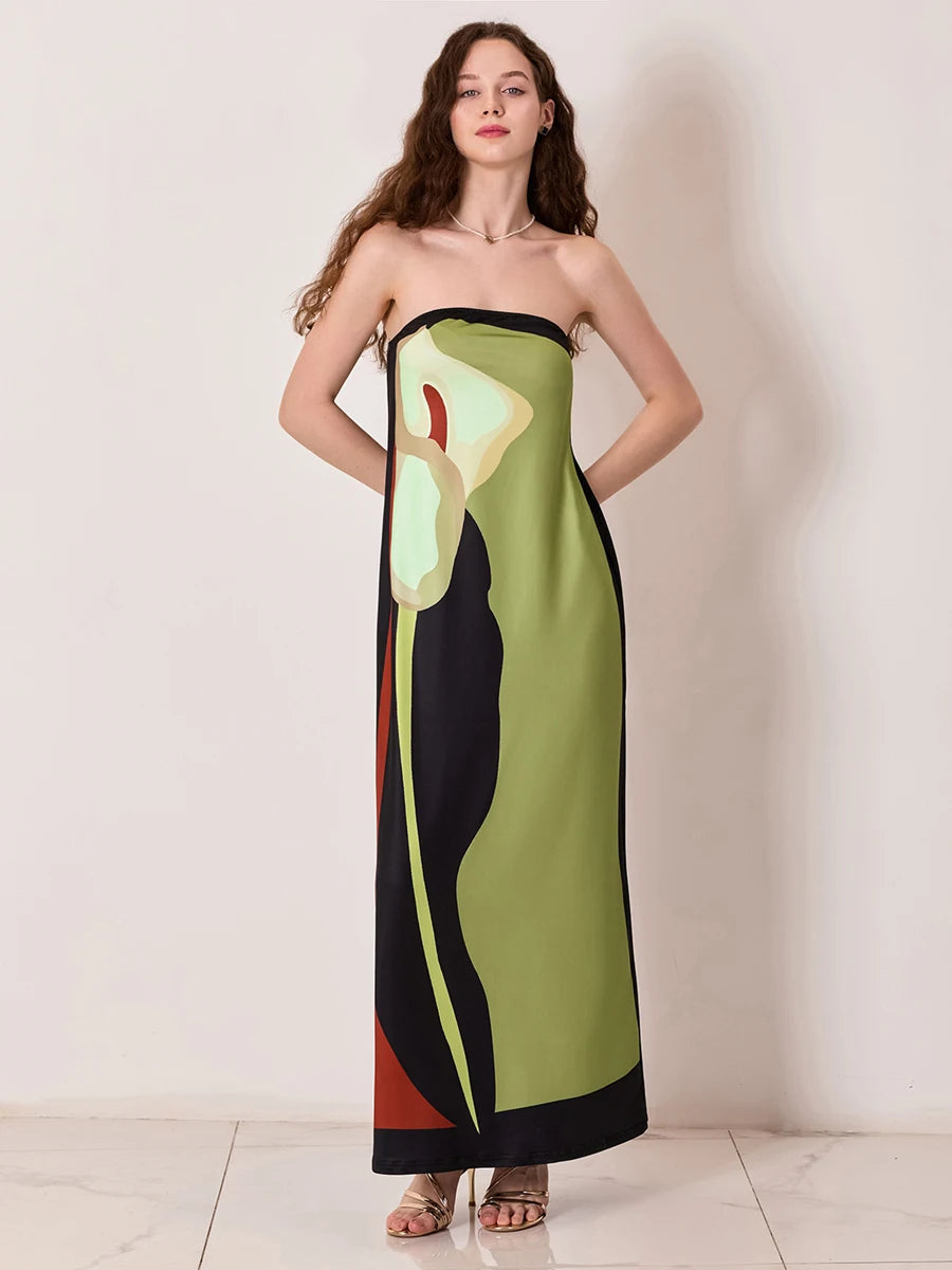 Antique Abstract Flower Strapless Open-Back Loose Tube Top Flower Dress