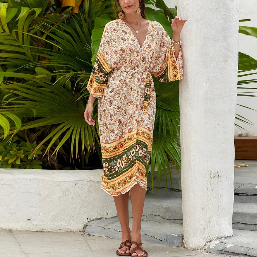 Cultural Flowery Baggy Rayon Kaftan Bohemian Cover up