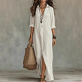 Collared Button Split Hem Casual Maxi Dress