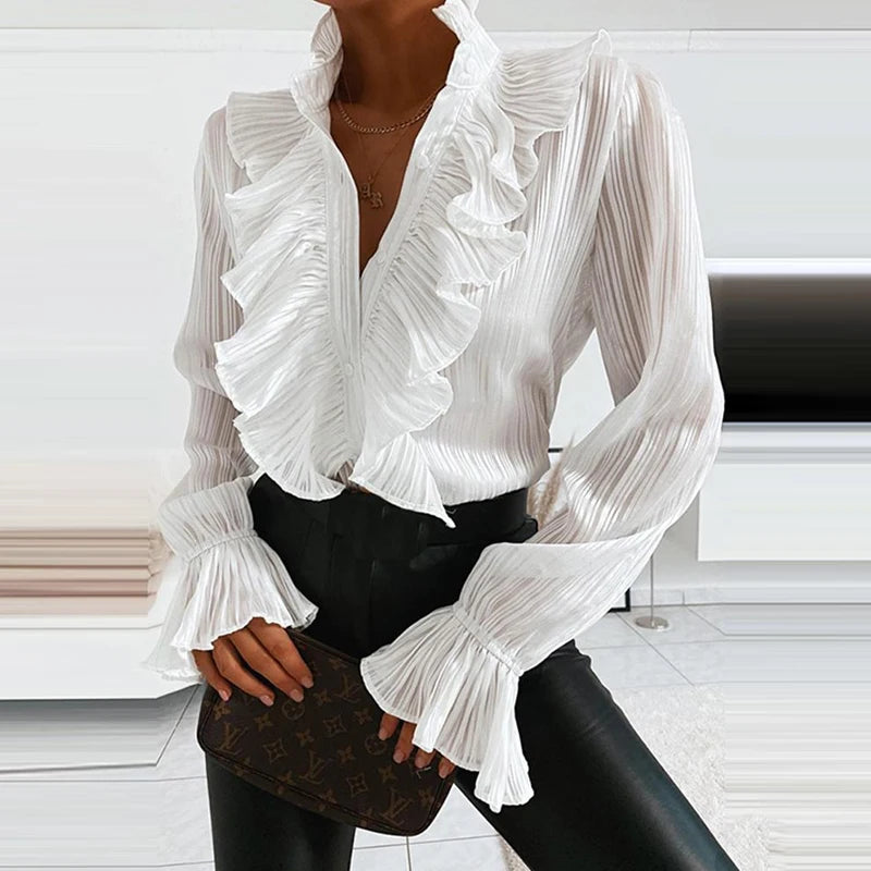 Blue Frilled Plunging Neckline Pleated Top