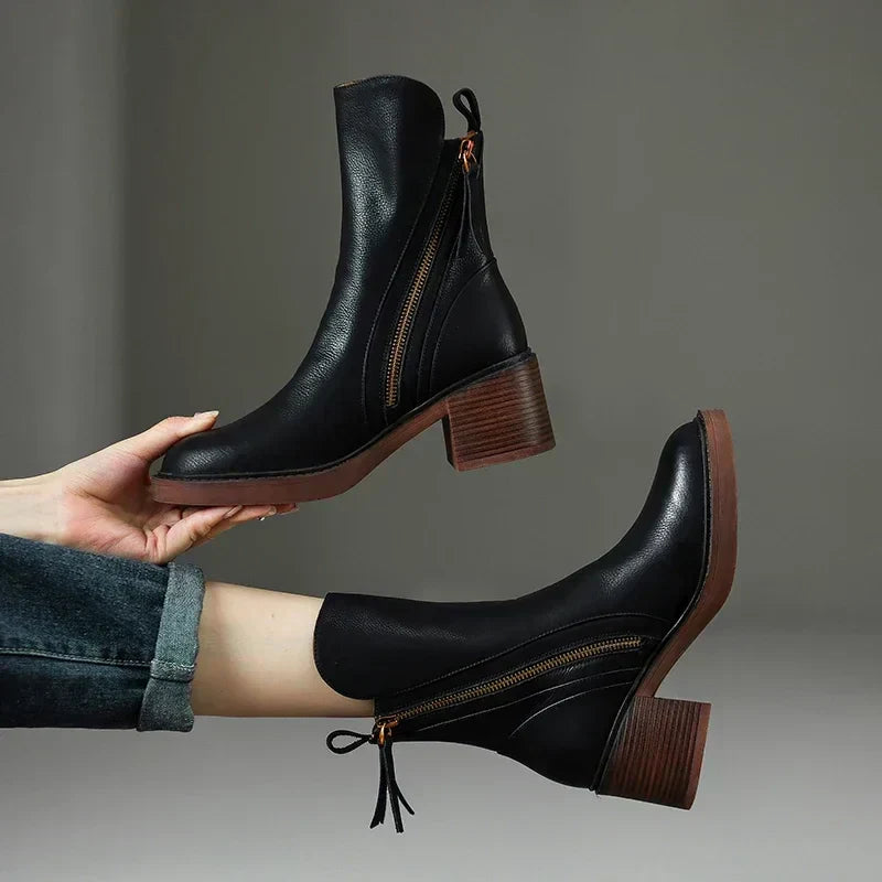 Leather Side Zip Block Heel Ankle Boot