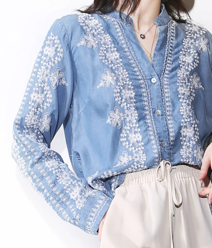 Antique Flowery Stitching Cotton Denim Extended Sleeve Boho Blouse