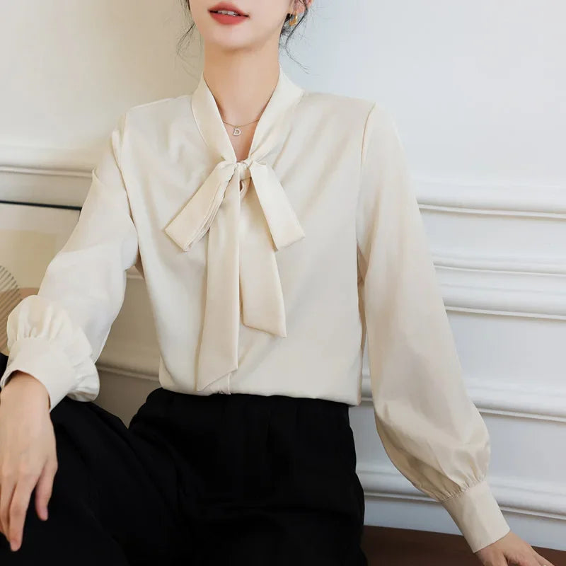 Satin Champagne Ribbon Long Sleeve Professional Woman Blouse