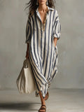 Striped Oversized Linen Shirt Casual Maxi Dress