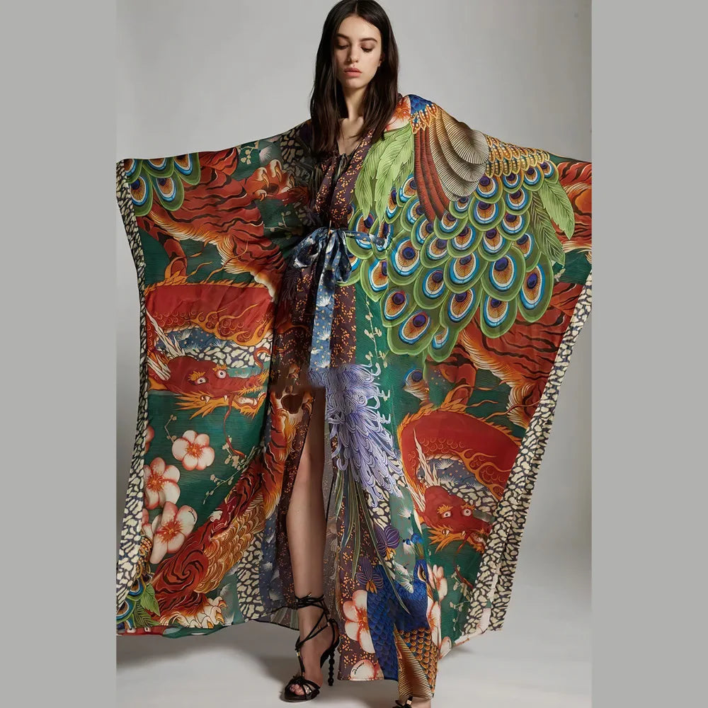 Sheer Cultural Peacock Design Long Cardigan Bohemian Cover up