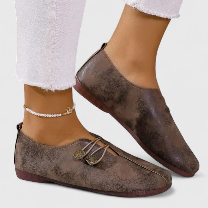 Bronze Button Lace Up Suede Round Toe Casual Flat