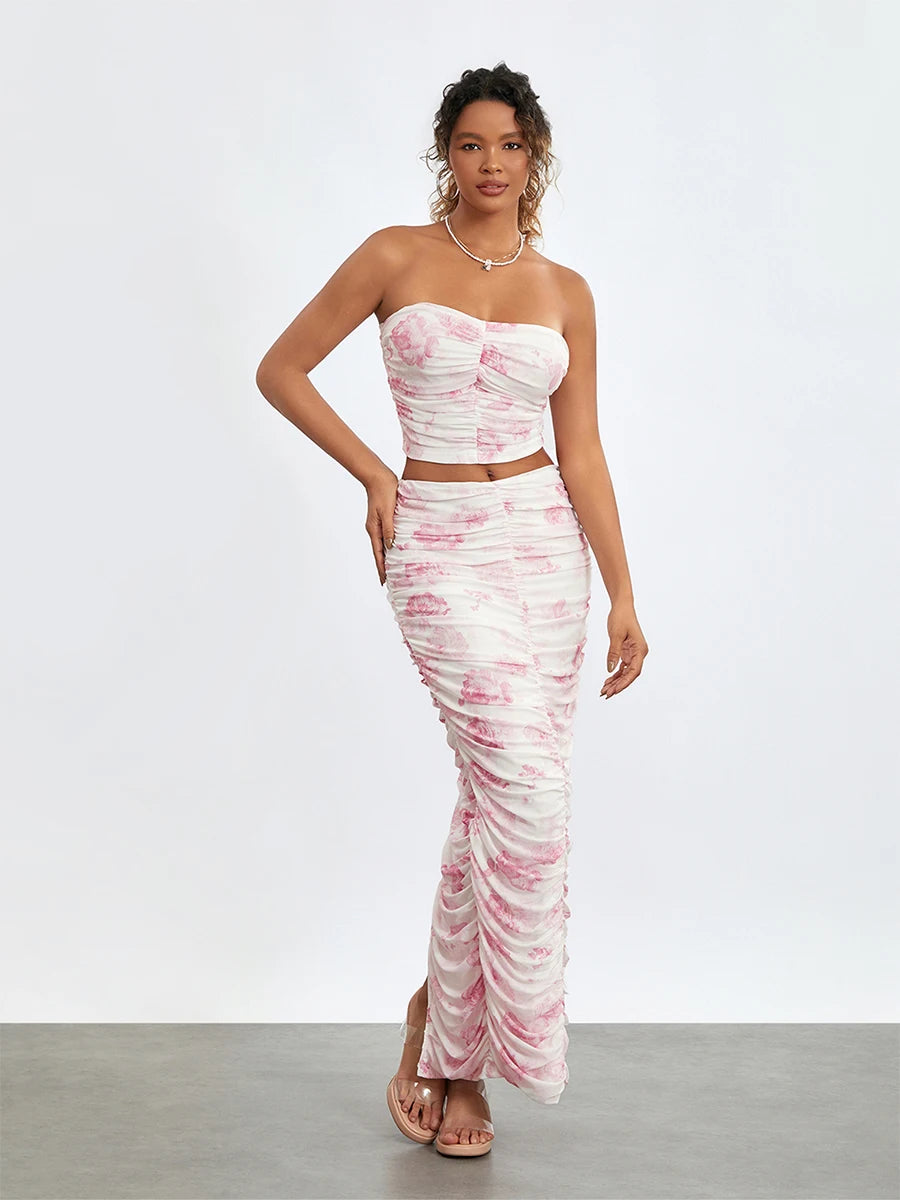 Stylish Off-Shoulder Tube Top Wrap Long Floral Skirt Set