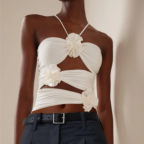 3D Blooming Strap Halter Bodycon Crop Top