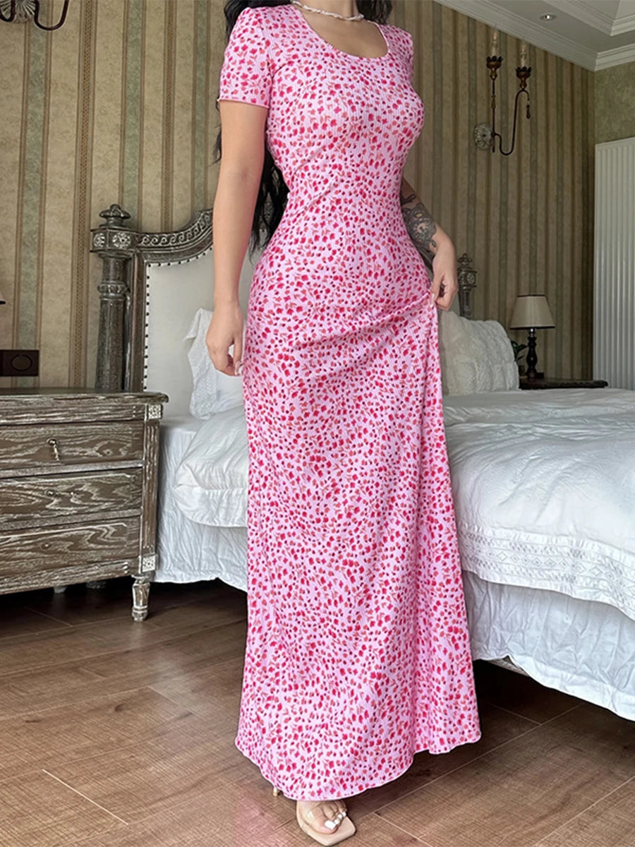 Flower Pattern T-Shirt Fasten Back U-neck A-Line Long Flower Dress
